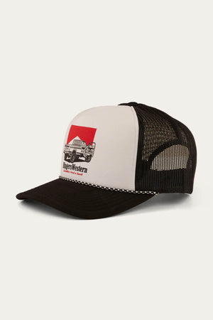 The Ringers Western Bout A Truck Trucker is a black and white mesh-back cap featuring a pickup truck graphic and a red square above "Ringers Western" on the front, blending classic style with bold branding.