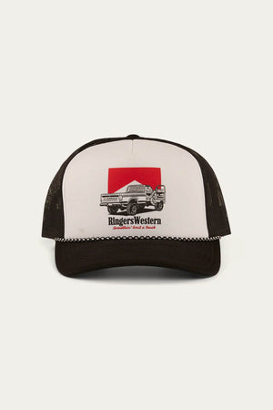 The Ringers Western Bout A Truck Trucker is a black and white mesh-back cap featuring a pickup truck and dog illustration, with "Ringers Western" text displayed on the front panel for breathable, stylish comfort.
