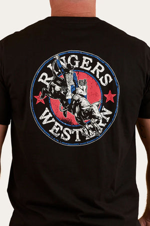A person wears the Ringers Western Bucking Bull Loose T-Shirt, featuring a black design with a circular rodeo cowboy and bull logo, stars, and “RINGERS WESTERN” in white for a classic Western style.