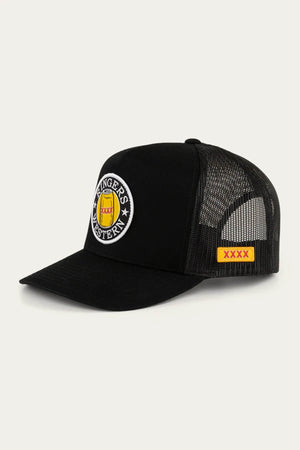The Ringers Western Can Trucker cap has a black twill front and breathable poly mesh back, curved brim, circular "RINGER'S WESTERN" patch with logo, and a yellow rectangular "XXXX" patch on the side.