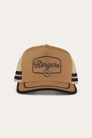 The Ringers Western Cobar Trucker Cap is a stylish brown and beige headgear with black accents. It prominently features the word "Ringers" on the front, accompanied by a small circular bull logo. The mesh back provides excellent breathability, while an internal sweatband ensures added comfort. Black stripes on either side add a fashionable element to the design.