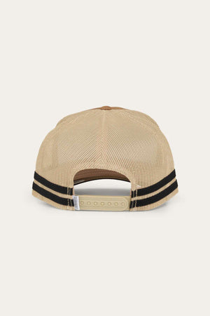 The image shows the back view of a beige Ringers Western Cobar Trucker Cap featuring a mesh back and two black horizontal stripes. The cap includes an adjustable snapback closure and an internal sweatband for added comfort.