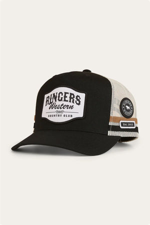The Ringers Western Country Club Deep Fit Trucker Cap features a black and white cotton twill design with a curved brim, front "Ringer's Western Country Club" patch, round logo patch, and "Est. 2012" label on the side brown stripe.