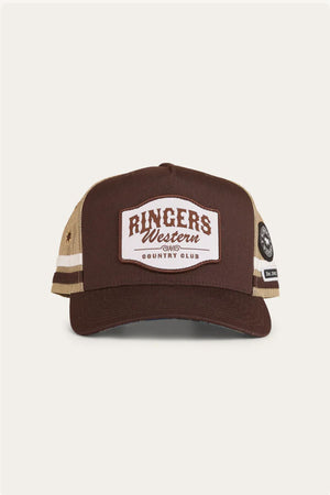 The Ringers Western Country Club Deep Fit Trucker Cap in brown and beige features a mesh back, front "Ringer's Western Country Club" patch, and a circular black and white side patch for classic country style.