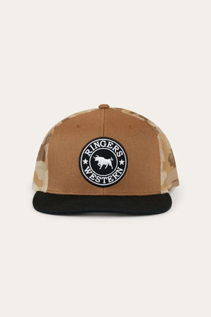 The Ringers Western Dalby Trucker Cap features a brown and beige camo design with a black cotton twill brim, snapback closure, and a circular front patch displaying the "Ringers Western" bull logo.