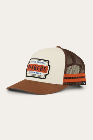 The Ringers Western Haulin Trucker Cap features a brown and cream design with orange stripes, mesh back, adjustable snapback, and a front patch reading βCertified Original Ringers Western Wear.β.