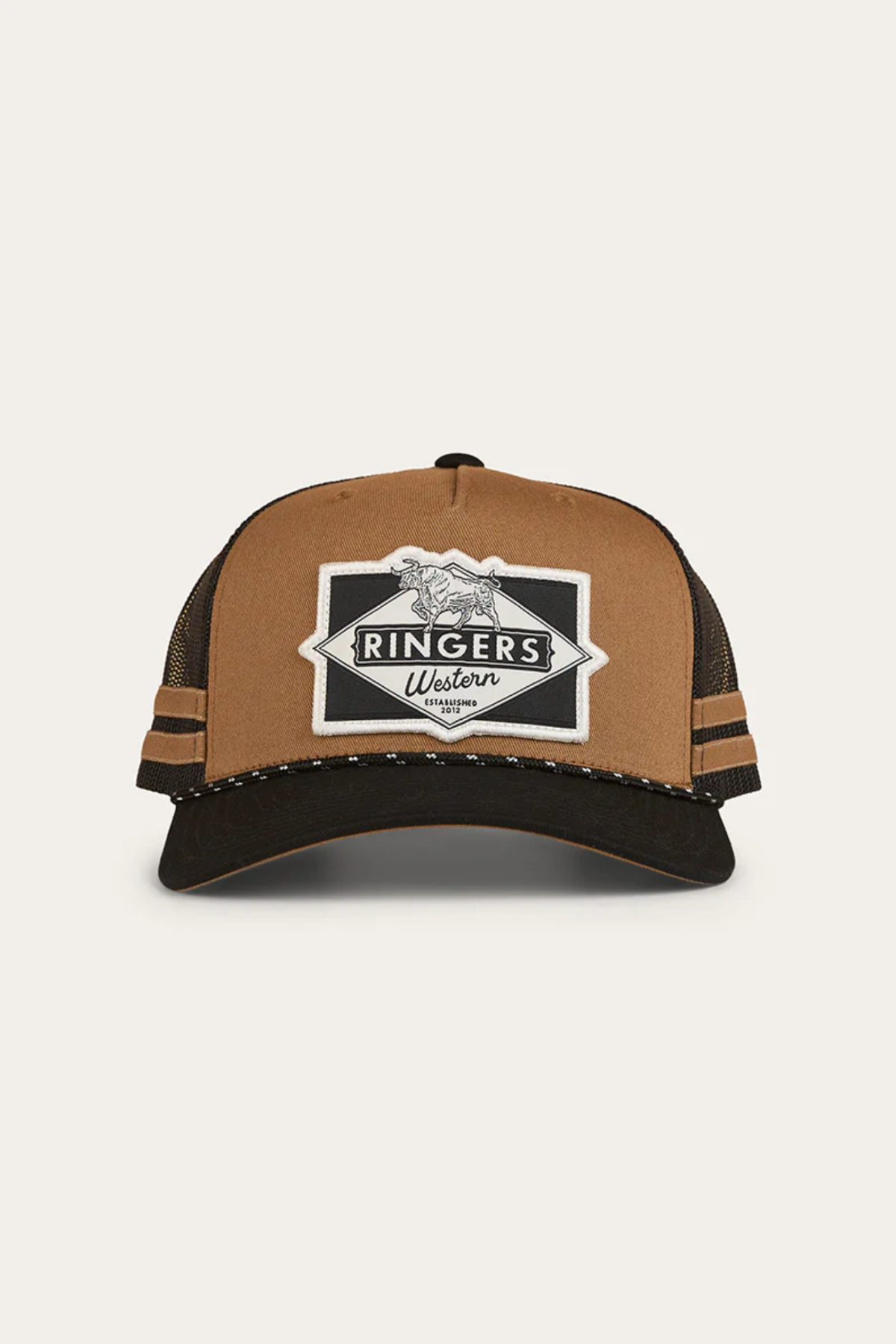 The Ringers Western Hometown Trucker Cap in brown and black features mesh sides, an adjustable snapback, and a front patch with "Ringers Western" and a horse image.