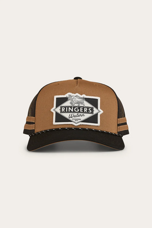 The Ringers Western Hometown Trucker Cap in brown and black features mesh sides, an adjustable snapback, and a front patch with "Ringers Western" and a horse image.