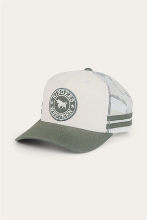 The Ringers Western McCoy Trucker Cap is a white and olive green cotton twill cap with a mesh back, featuring a round "Ringers Western" bull logo on the front panel.
