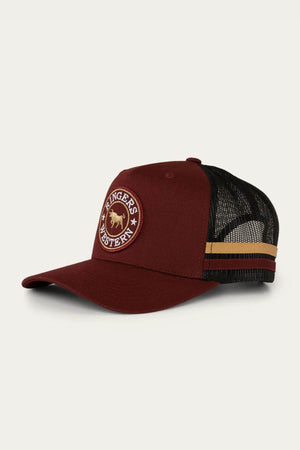 The Ringers Western McCoy Trucker Cap is maroon and black with a curved brim, mesh back, and a circular horse patch reading "Ringers Western." Two gold and maroon stripes accent the mesh side.