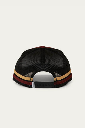 The Ringers Western McCoy Trucker Cap is shown from the back, displaying a black mesh design, brown and red horizontal stripes, and an adjustable snapback closure.