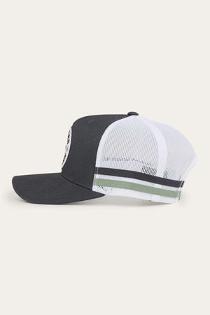 A side view of the Ringers Western McCoy Trucker Cap showcasing its dark grey cotton twill front panel, white mesh back with two horizontal green and white stripes, black brim, and adjustable snapback closure.