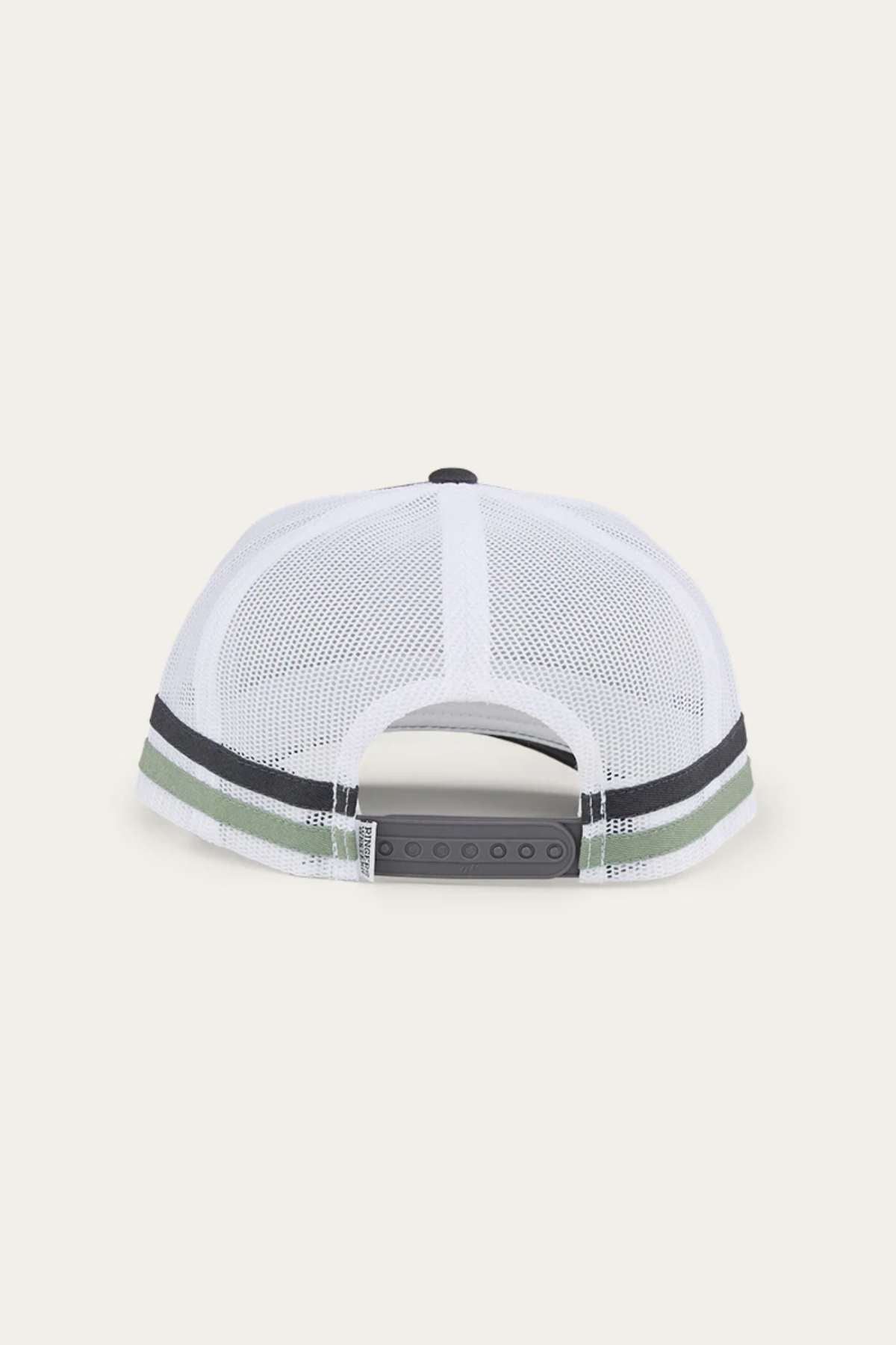 A Ringers Western McCoy Trucker Cap in white mesh with a dark green and black striped band near the base. The cap features a black adjustable snapback closure. The photo displays the trucker cap from the rear, emphasizing the closure and mesh material.