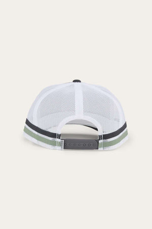 A Ringers Western McCoy Trucker Cap in white mesh with a dark green and black striped band near the base. The cap features a black adjustable snapback closure. The photo displays the trucker cap from the rear, emphasizing the closure and mesh material.