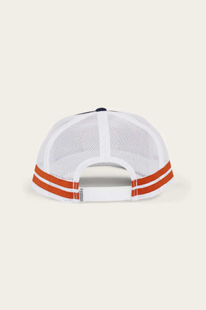 The Ringers Western McCoy Trucker Cap, featuring a breathable white mesh back with two horizontal orange stripes near the adjustable strap, combines comfort with its mesh fabric and cotton twill panel. The adjustable strap ensures a customizable fit.