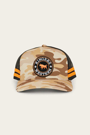 The Ringers Western McCoy Trucker Cap features a camouflage design, mesh back, orange and black stripes on the sides, and a circular front patch with a bull and "Ringers Western" branding.