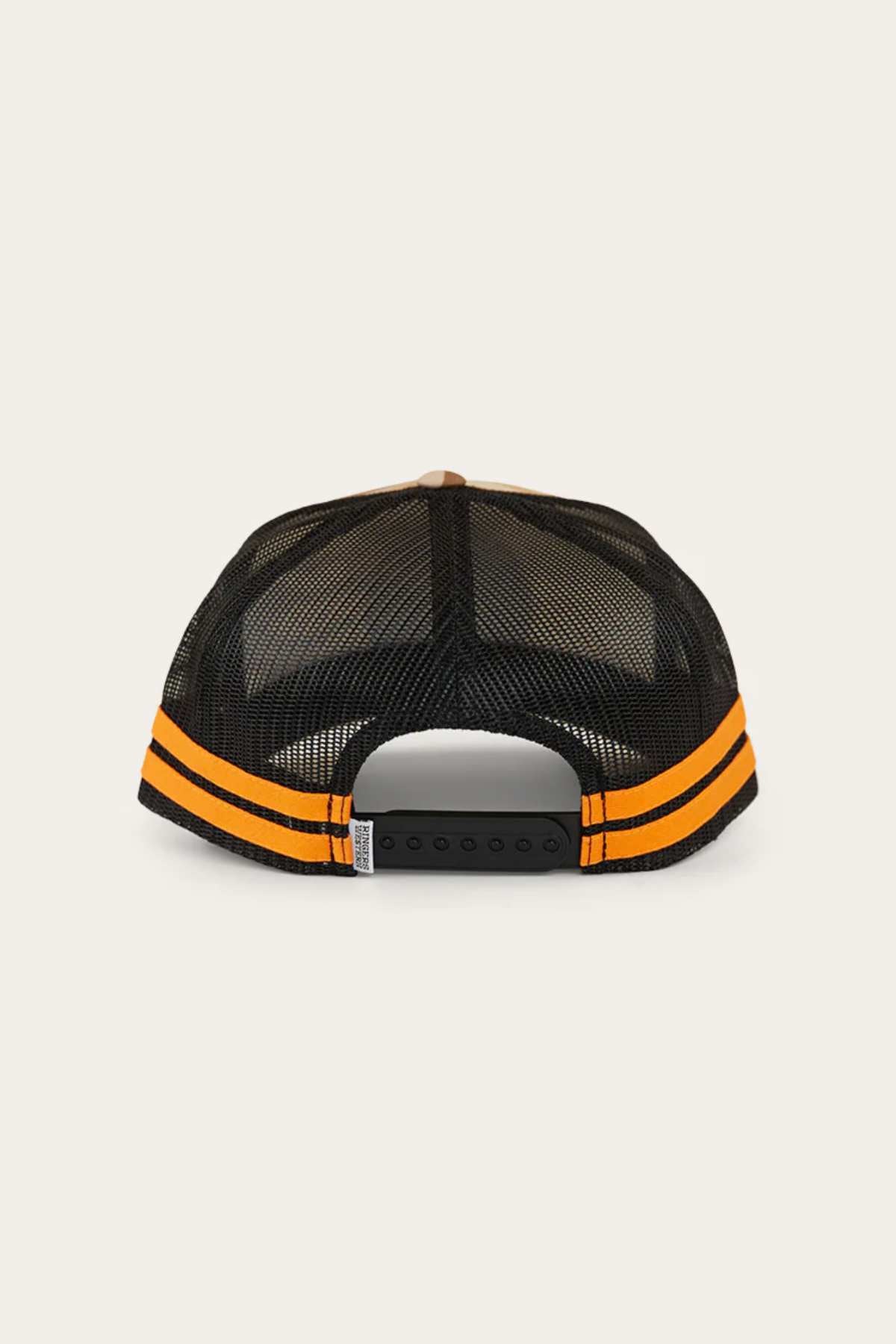 The Ringers Western McCoy Trucker Cap is shown from the back, displaying its black mesh, two horizontal orange stripes, and an adjustable snapback closure.