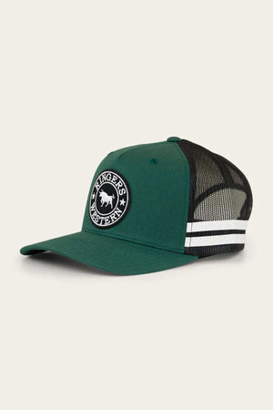 The Ringers Western McCoy Trucker Cap is a green/black cotton twill cap with a mesh back, featuring a white circular patch with a bull design and "Ringers Western" text on the front, plus two white side stripes.