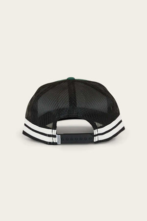 Back view of Ringers Western McCoy black mesh trucker cap with a snapback closure, featuring two white stripes across the base above the closure.