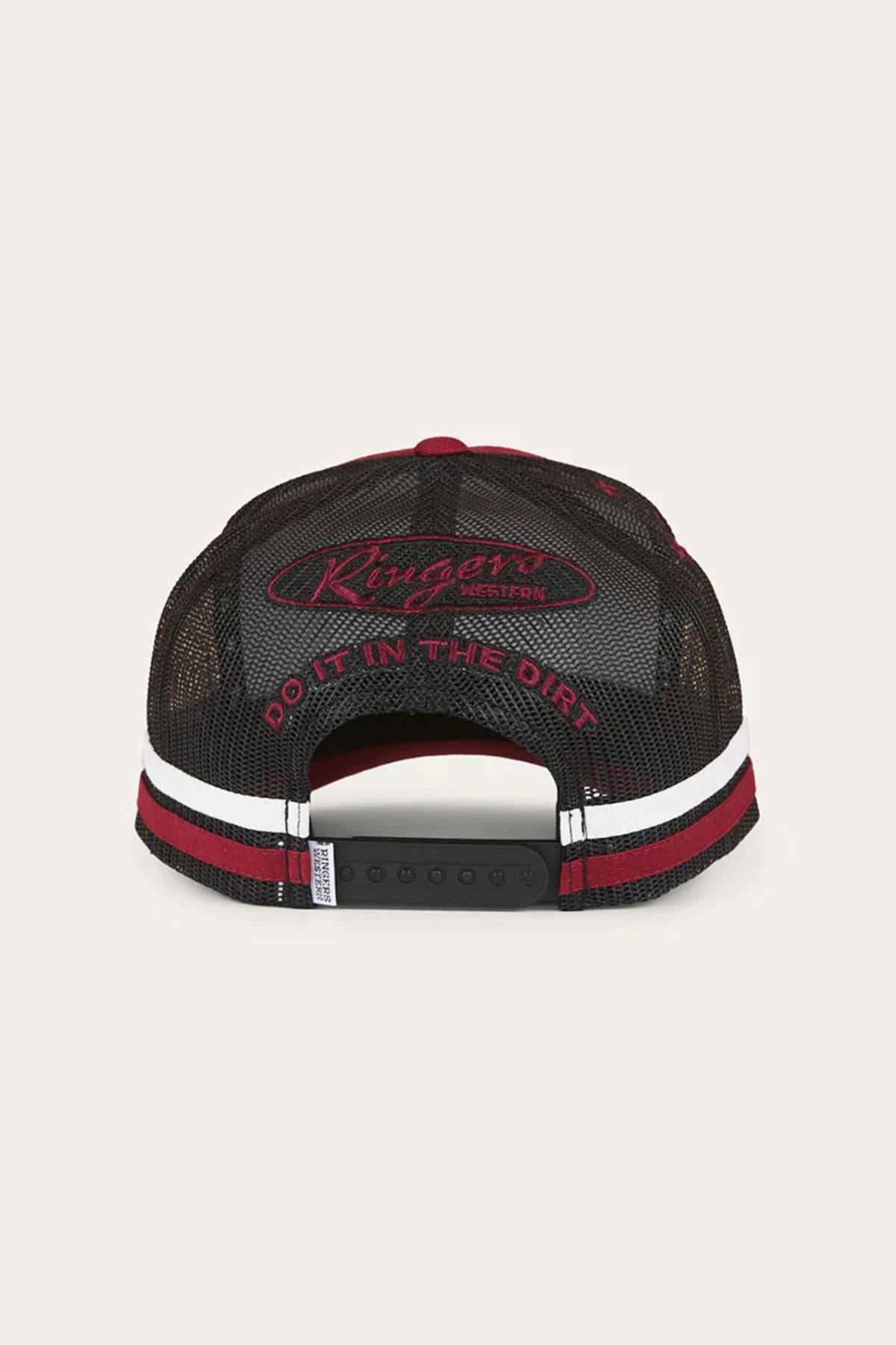 The Ringers Western Mud Sweat Beers Deep Fit Trucker Cap features a black mesh back, red and white stripes, adjustable snapback, and bold red “Ringers Western” and “DO IT IN THE DIRT” text for standout style.