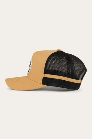 Side view of a yellow Ringers Western Pendleton Trucker Cap featuring a curved brim and structured design. The hat has a black mesh back with an adjustable snapback closure, and a white circular patch with an embroidered badge is visible on the front panel.