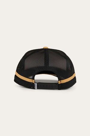 Back view of the Ringers Western Pendleton Trucker Cap with a yellow stripe. The black hat features a mesh design, an adjustable snapback closure, and an embroidered badge.