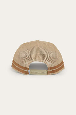 The Ringers Western Signature Bull Flag Trucker Cap, shown from the rear, features a beige mesh design with an adjustable snapback closure for a perfect fit and two brown stripes running along the edge.
