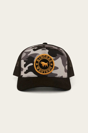 The Ringers Western Signature Bull Trucker Cap features a camouflage cotton twill front, black mesh back and brim, and a circular orange patch displaying a bull and the text "RINGER'S WESTERN.