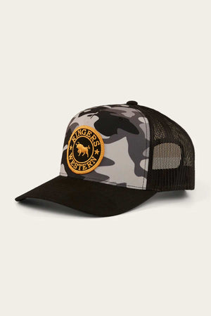 The Ringers Western Signature Bull Trucker Cap has a camouflage pattern, a black brim, and a breathable mesh back. It features a circular yellow patch on the front with "Ringers Western" and a bull silhouette in the center.