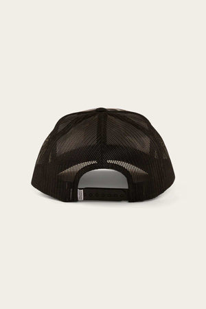 The Ringers Western Signature Bull Trucker Cap in black features a cotton twill front and mesh back, seen from behind to highlight its adjustable strap and snap closure.