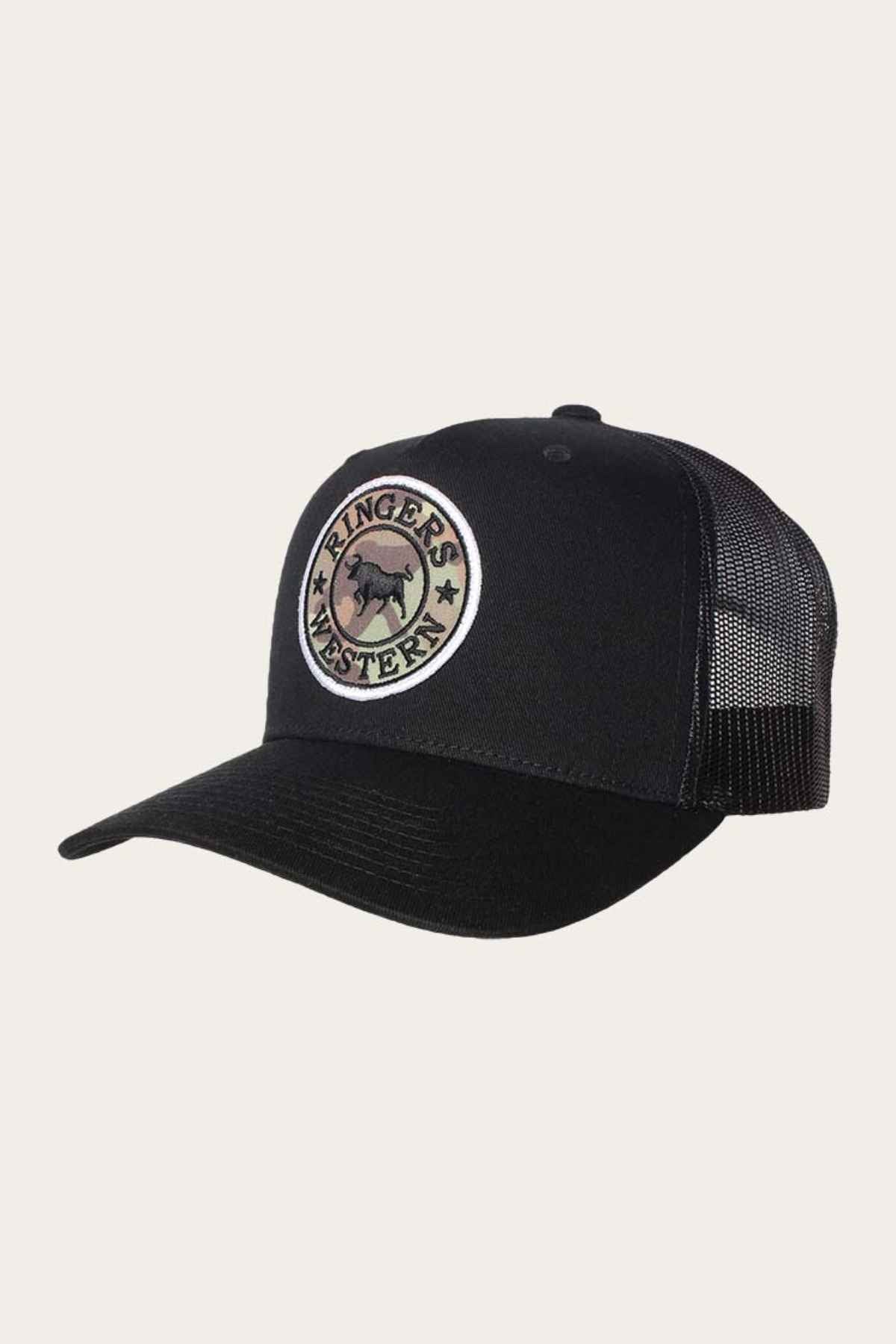 The Ringers Western Signature Bull Trucker Cap is a black hat featuring a curved brim and a mesh back for optimal breathability. On the front, there's a circular embroidered patch that displays an image of a horse encircled by stars, along with the "Ringers Western" text, all carefully crafted on durable cotton twill.