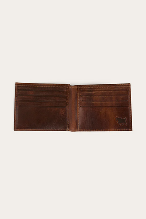 The Ringers Western Toro Midi Wallet is a brown full-grain leather bi-fold with multiple card slots on both sides and a small embossed animal logo—an elegant, slim wallet ideal for everyday use.