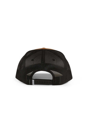 The image shows the back view of a Ringers Western Wheatbelt Trucker Cap, featuring a black mesh design with a brown brim. An adjustable snap closure allows size customization, and the mesh ensures ventilation for casual wear.