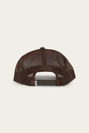 The image shows the back of a Ringers Western Wheatbelt Wool Trucker Cap with an adjustable green snapback, brown mesh, curved brim, and dark top button against a light gray background.