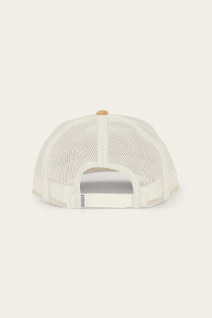 The Ringers Western Wheatbelt Wool Trucker Cap in beige is displayed from the back, highlighting its mesh design, adjustable strap, and a small top button.