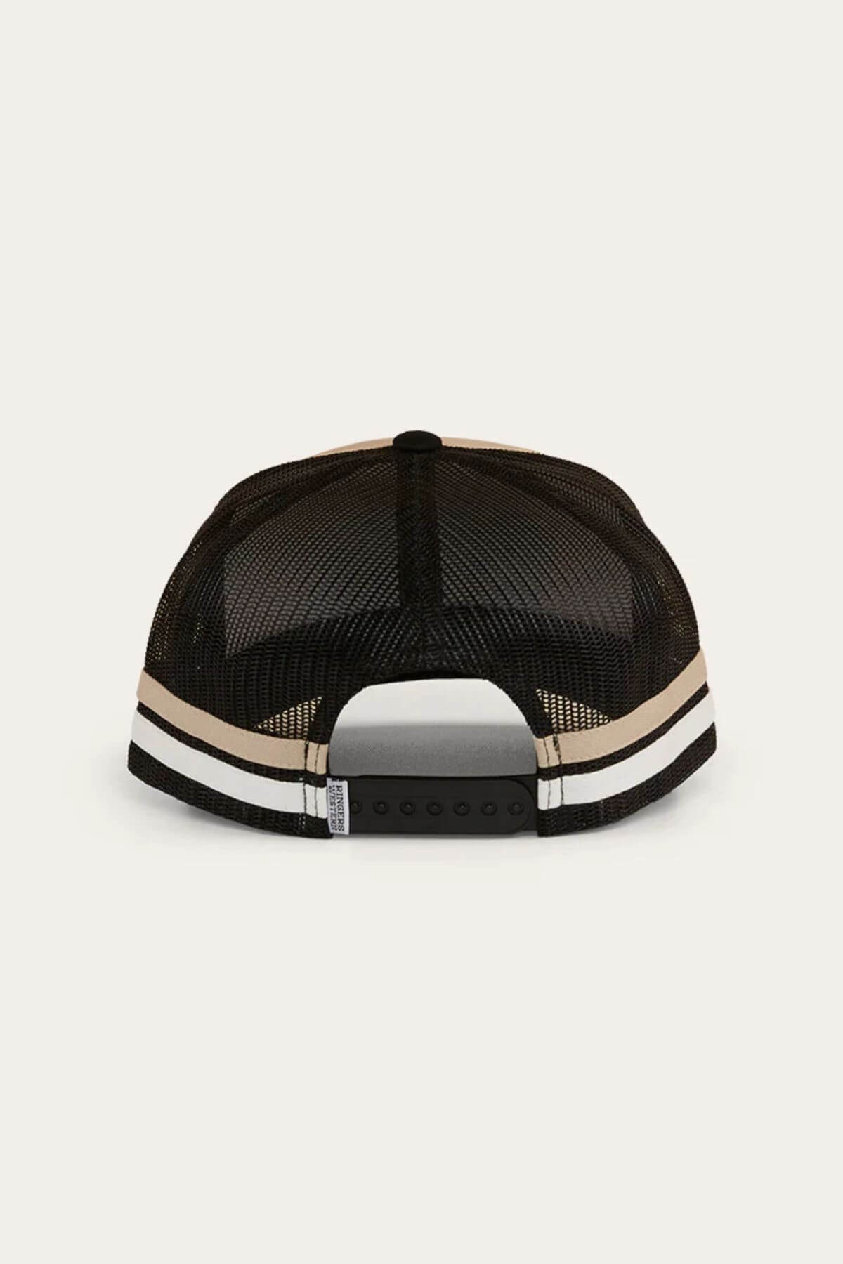 The Ringers Western Winston Trucker Cap is a black mesh cap seen from the back, featuring a snapback closure, two parallel beige and white stripes at the bottom edge, and cotton twill accents.