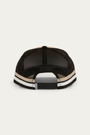 The Ringers Western Winston Trucker Cap is a black mesh cap seen from the back, featuring a snapback closure, two parallel beige and white stripes at the bottom edge, and cotton twill accents.