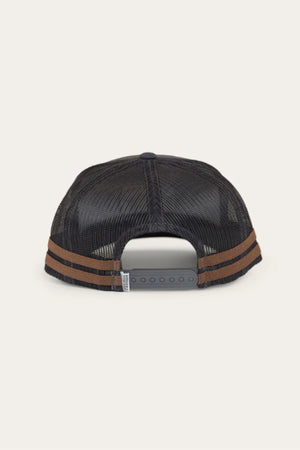 The Ringers Western McCoy Trucker Cap is shown from the back in black mesh, featuring two brown stripes and an adjustable gray snap-back closure.