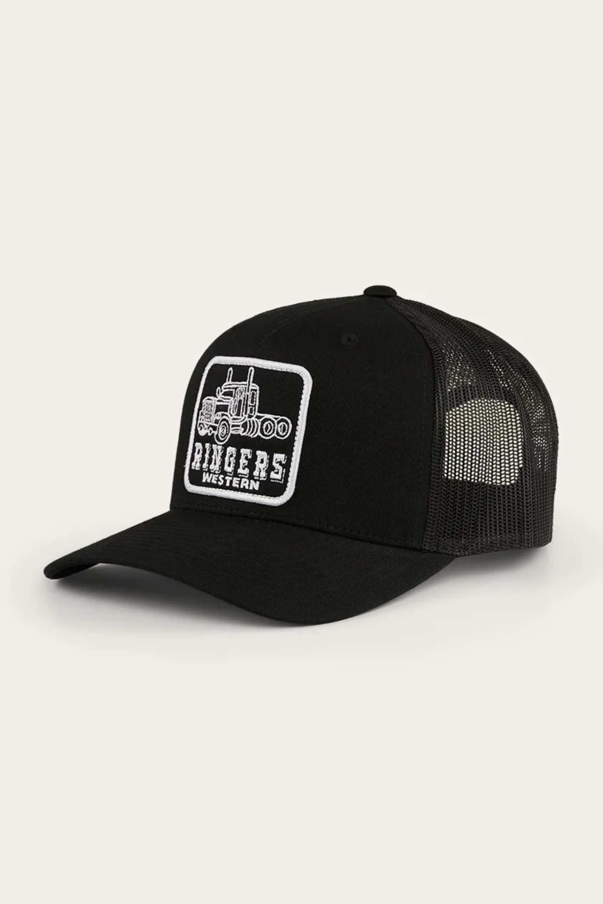 The Ringers Western Long Haul Trucker Cap features black mesh, a cotton twill curved brim, and a front patch with a white semi-truck graphic and "RINGERS WESTERN" text.