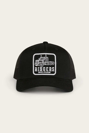 The Ringers Western Long Haul Trucker Cap features a black mesh back, cotton twill front, and a patch with an illustrated tractor above "RINGERS WESTERN" in bold white letters.