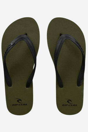 The Rip Curl Brand Logo Bloom Thongs are olive green flip-flops with black straps, made from BLOOM™ algae foam, featuring the "Rip Curl" logo and name near the heel area on each sandal against a white background.