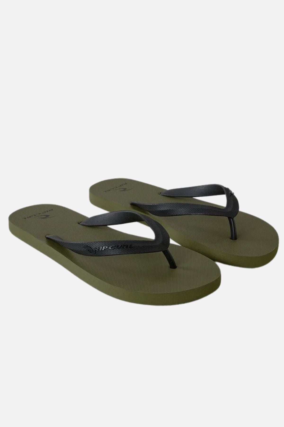 A pair of olive green Rip Curl Brand Logo Bloom Thongs with black straps on a plain white background, featuring a simple and casual design crafted from BLOOM™ algae foam for everyday wear.