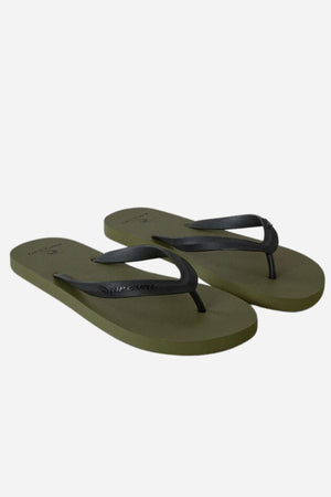 A pair of olive green Rip Curl Brand Logo Bloom Thongs with black straps on a plain white background, featuring a simple and casual design crafted from BLOOM™ algae foam for everyday wear.