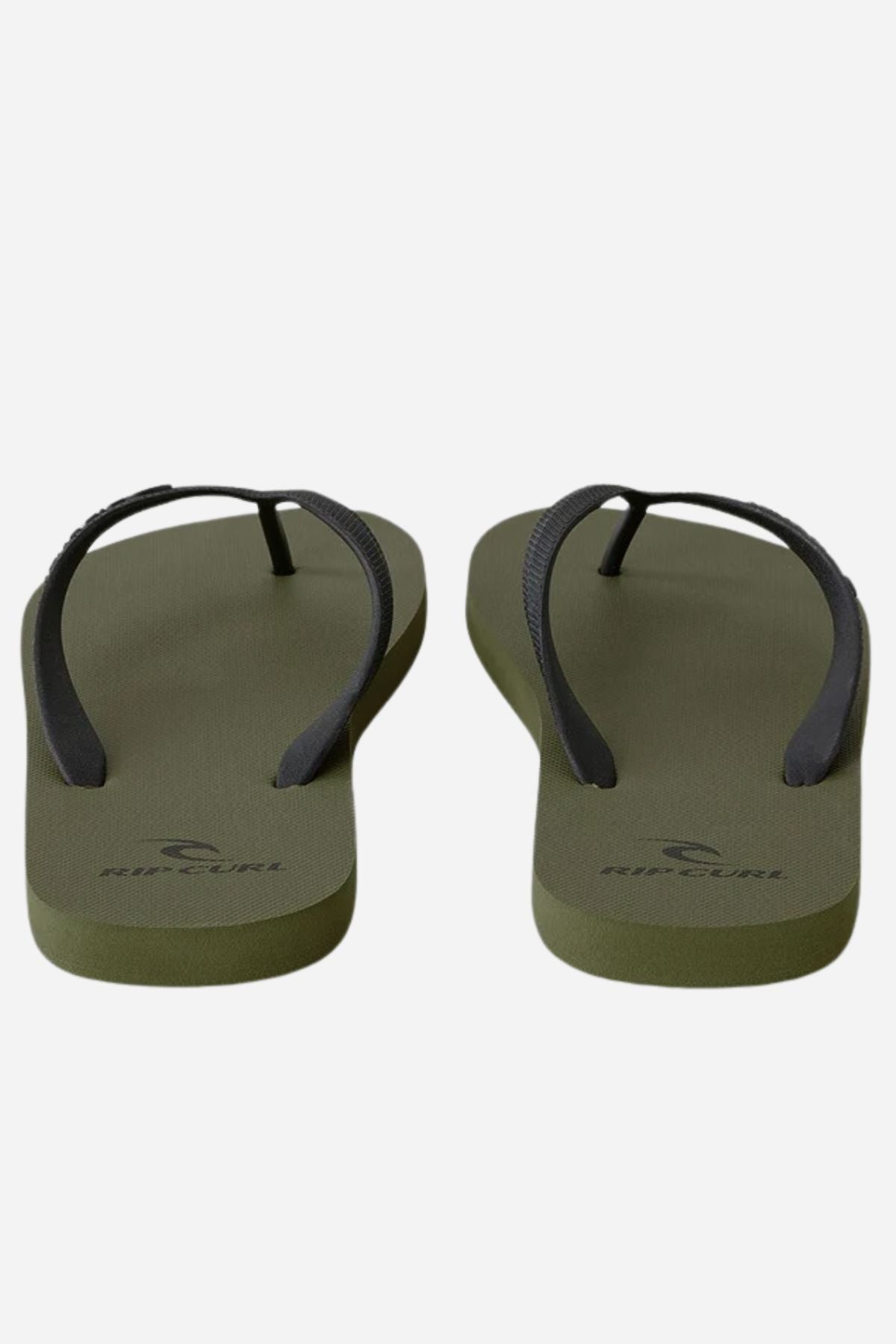 The Rip Curl Brand Logo Bloom Thongs are shown top-down on a white background. The soles are olive green with black straps and feature a logo on the footbed, crafted from eco-friendly BLOOM™ algae foam.