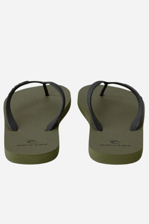 The Rip Curl Brand Logo Bloom Thongs are shown top-down on a white background. The soles are olive green with black straps and feature a logo on the footbed, crafted from eco-friendly BLOOM™ algae foam.