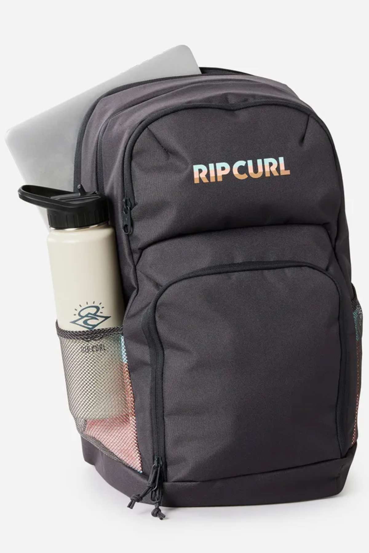 The Rip Curl Chaser 33L Backpack in black, made from recycled polyester, features several zipped compartments, a mesh side pocket with a water bottle, a partially visible laptop in the main section, and the Rip Curl logo on the front.