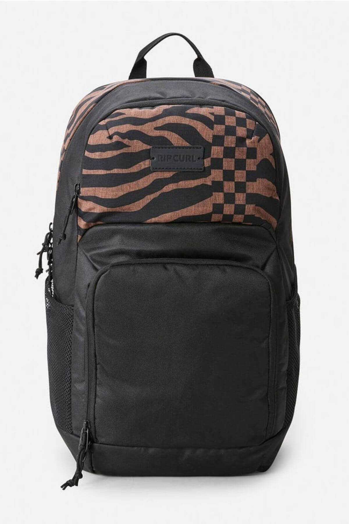 The Rip Curl Chaser 33L Backpack, made from recycled polyester, features a large front pocket and side mesh compartments. The upper section flaunts brown stripes and checks. It's computer compatible for easy essential carrying.