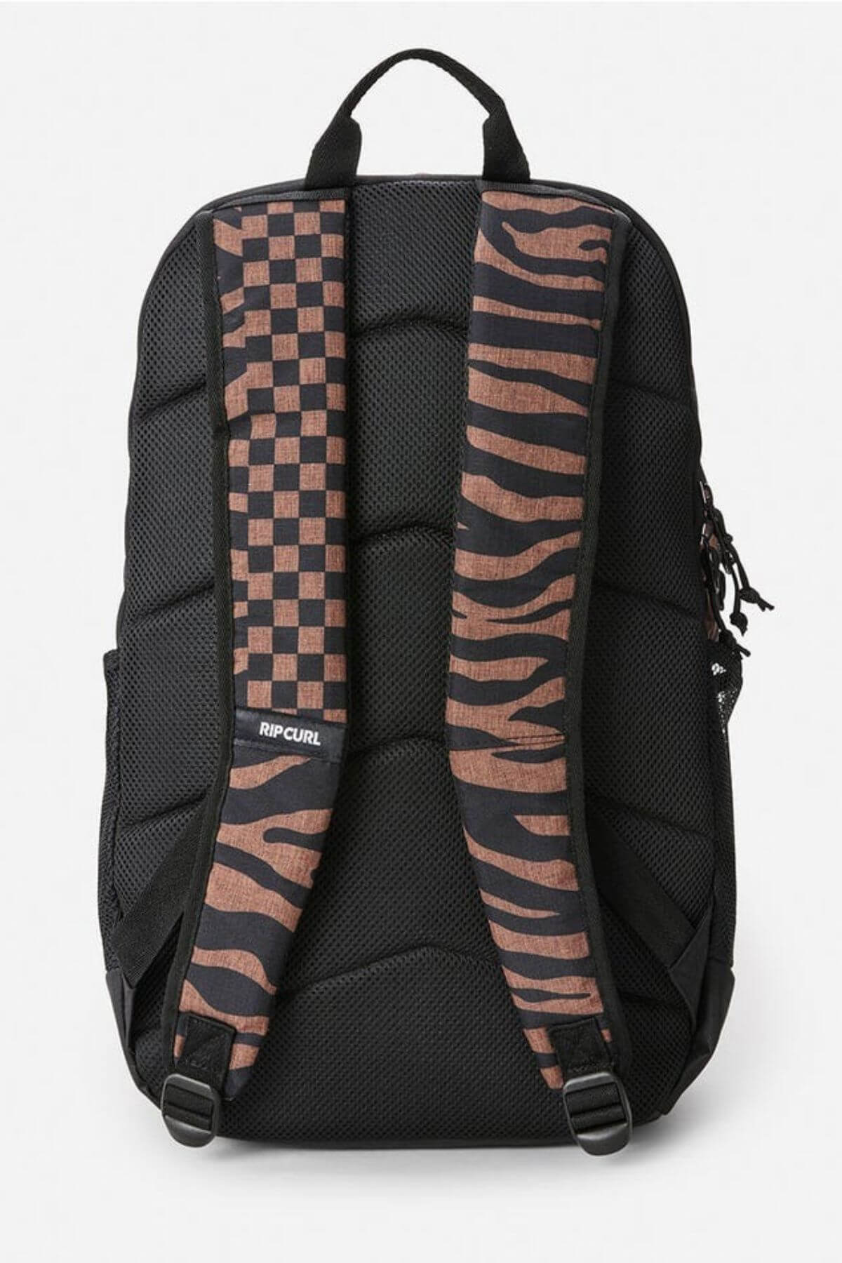 The Rip Curl Chaser 33L Backpack boasts a checkered pattern on one strap and a zebra design on the other, made from recycled polyester. It features padded straps, a top handle for comfort, and a logo on the side—perfect for eco-conscious commuters seeking simple yet elegant style.