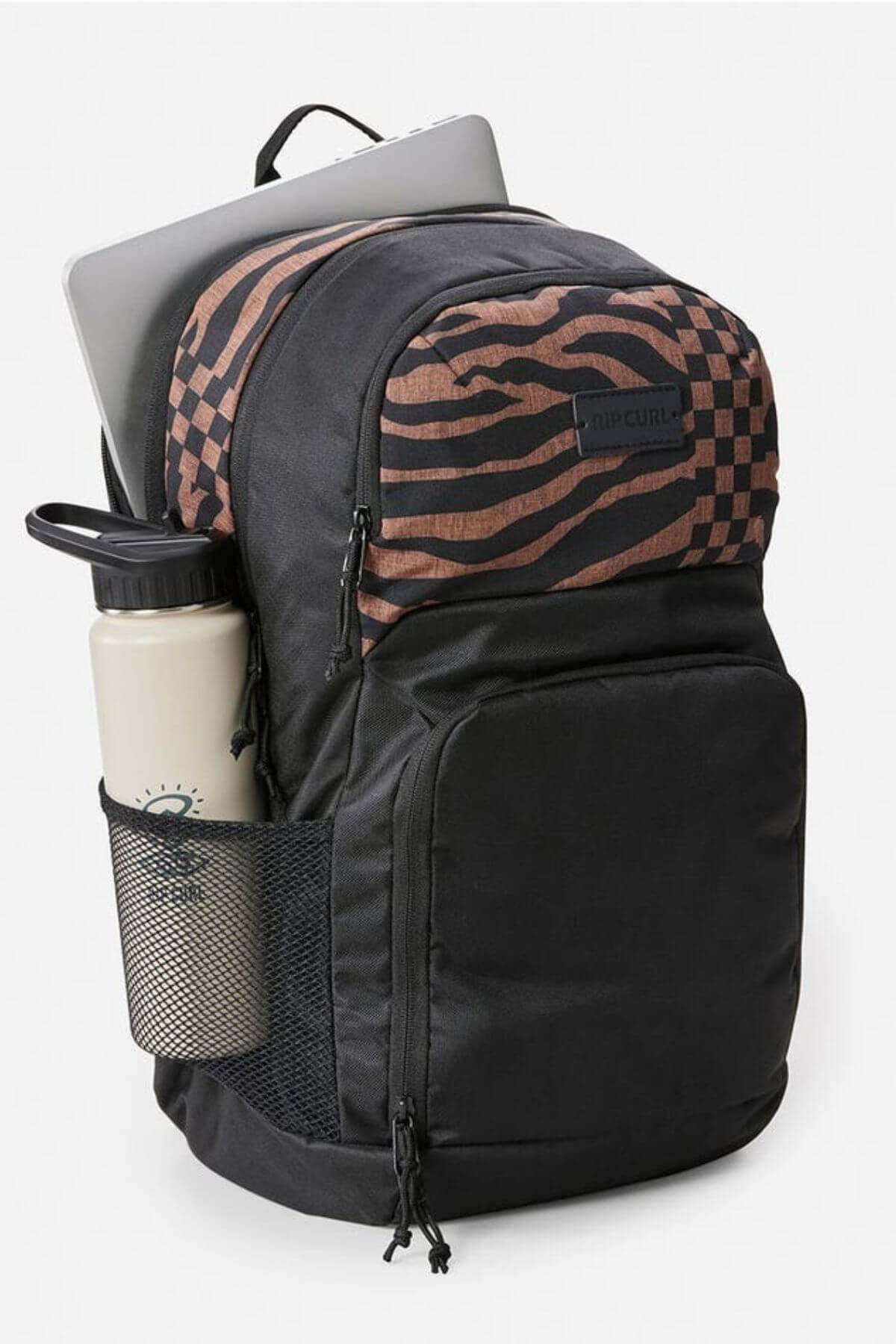 The Rip Curl Chaser 33L Backpack combines style and functionality with its black design, checkered and zebra print on the top pocket. Made from recycled polyester, it includes a laptop-compatible main compartment and a side mesh pocket for a water bottle.