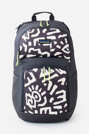 The Rip Curl Chaser 33L Backpack is crafted from recycled polyester and showcases a stylish black design with unique white patterns. It provides generous storage space with its 33L capacity, featuring a main compartment fastened by lime green zipper pulls, along with two side mesh pockets for additional storage.